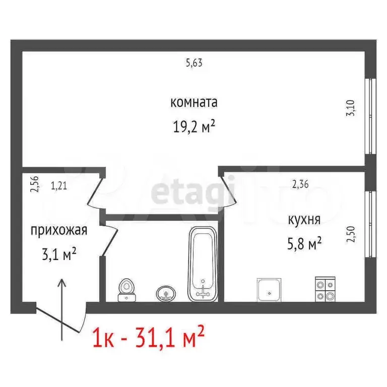 1-к. квартира, 31,1 м, 3/5 эт. - Фото 0