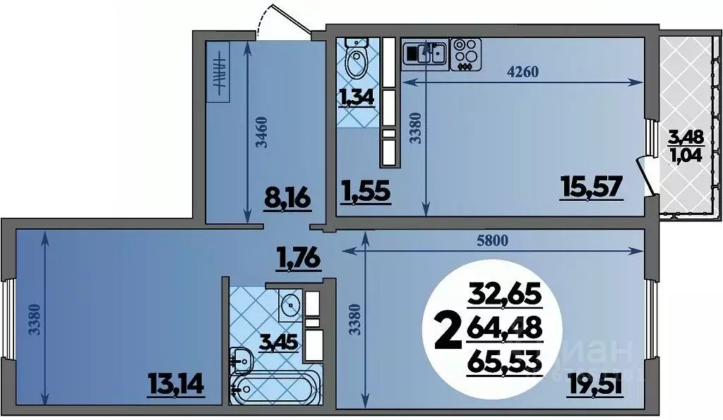 2-к кв. Адыгея, Майкоп  (65.53 м) - Фото 1