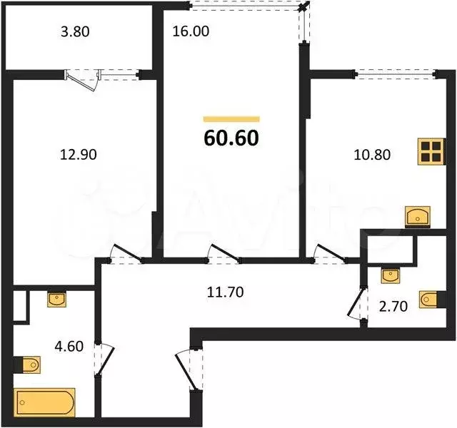2-к. квартира, 60,6 м, 2/4 эт. - Фото 1