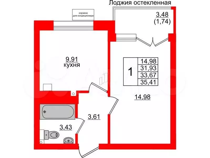 1-к. квартира, 33,7 м, 4/6 эт. - Фото 1