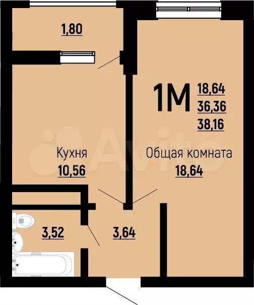 1-к. квартира, 38,2 м, 10/24 эт. - Фото 1