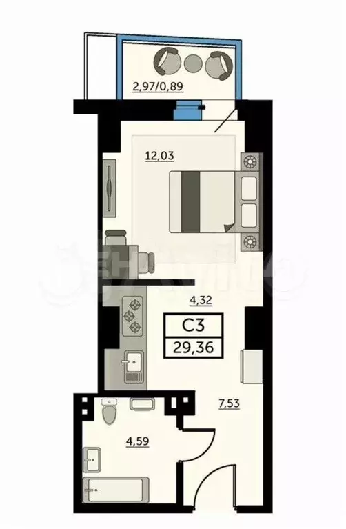 Квартира-студия, 29,4 м, 20/25 эт. - Фото 0