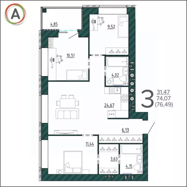 3-к кв. Брянская область, Брянск ул. Ульянова, 24 (76.49 м) - Фото 1