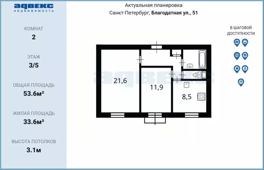 2-к кв. Санкт-Петербург Благодатная ул., 51 (53.6 м) - Фото 1