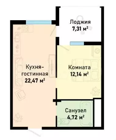 1-к. квартира, 46,6 м, 6/12 эт. - Фото 1