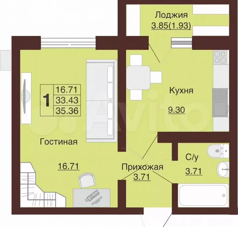 1-к. квартира, 35,4 м, 2/16 эт. - Фото 0