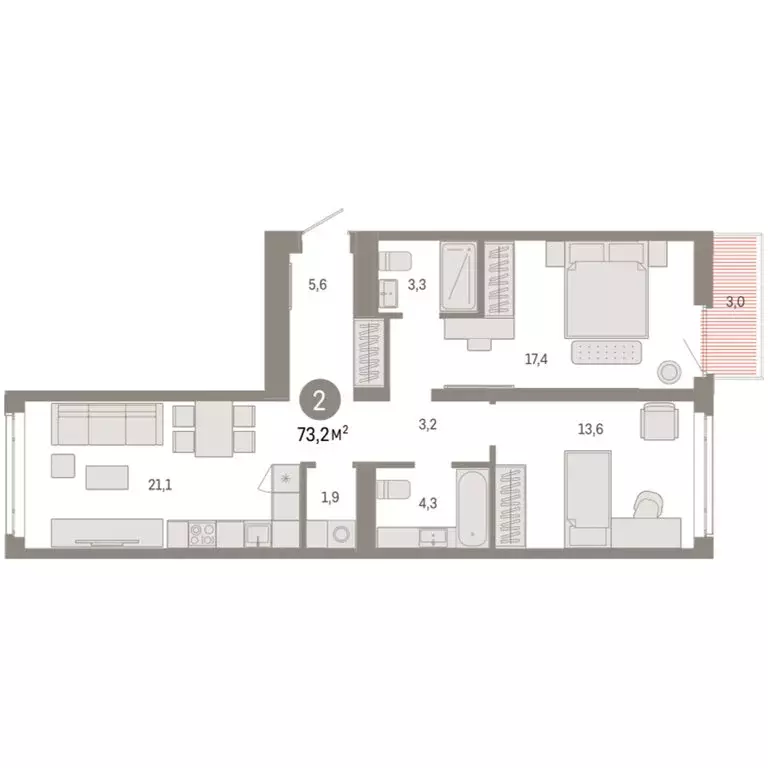 2-комнатная квартира: Тюмень, улица Республики, 205к3 (73.18 м) - Фото 1