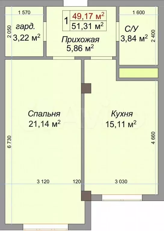 1-к. квартира, 51,3 м, 5/10 эт. - Фото 1