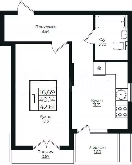 1-к. квартира, 42,6 м, 10/10 эт. - Фото 1