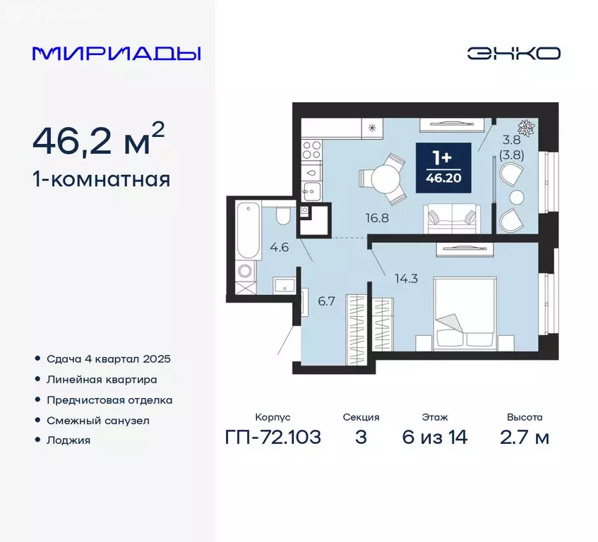 1-комнатная квартира: Тюмень, ЖК Мириады (46.2 м) - Фото 0