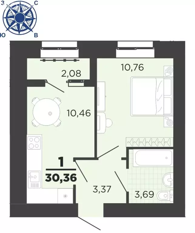 1-комнатная квартира: район Семчино, Семчинская улица, 8 (30.36 м) - Фото 0