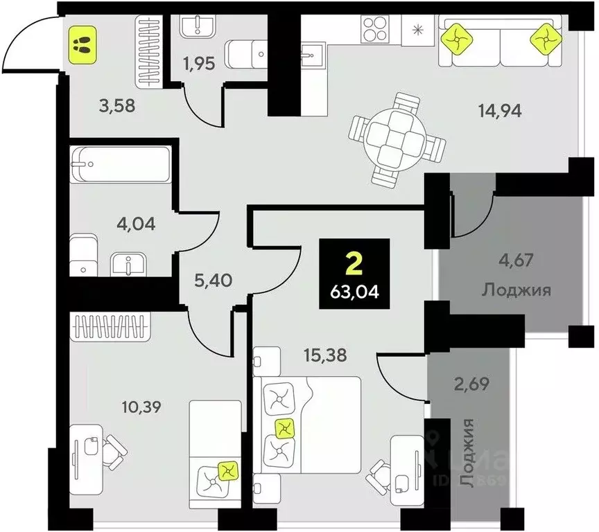 2-к кв. Тюменская область, Тюмень  (63.04 м) - Фото 0