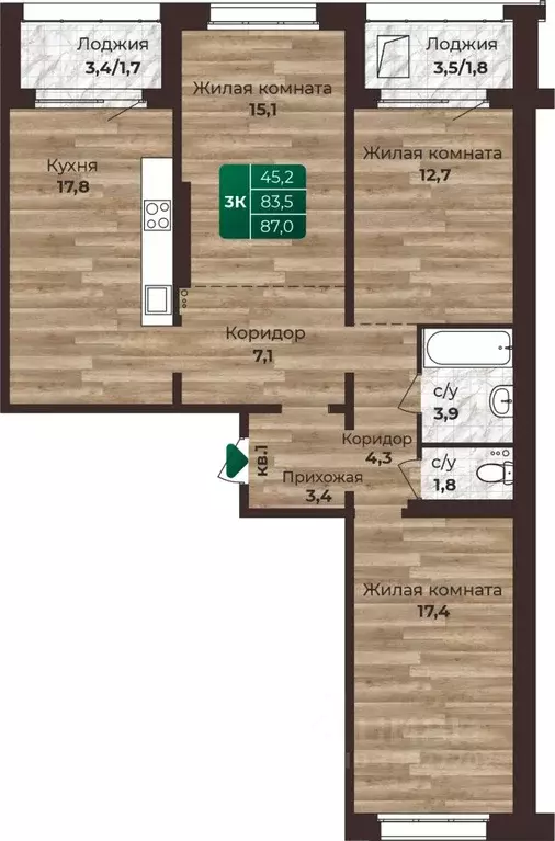 3-к кв. Алтайский край, Барнаул ул. 6-я Нагорная, 15в/к1 (87.0 м) - Фото 0
