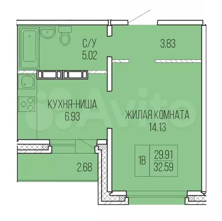 Квартира-студия, 31,3 м, 3/9 эт. - Фото 0