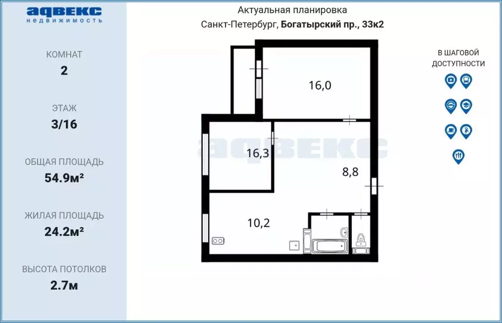 2-к кв. Санкт-Петербург Богатырский просп., 33К2 (54.9 м) - Фото 2