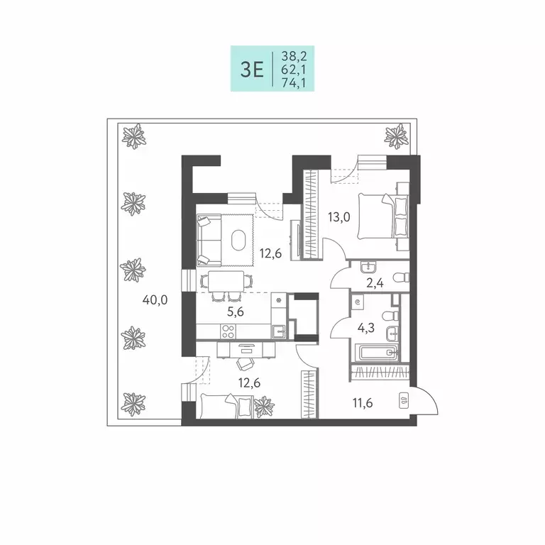 3-к квартира, 74.1 м - Фото 0