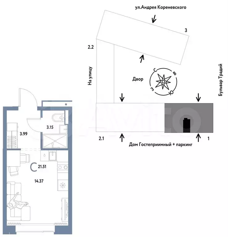 Квартира-студия, 21,5 м, 3/13 эт. - Фото 0