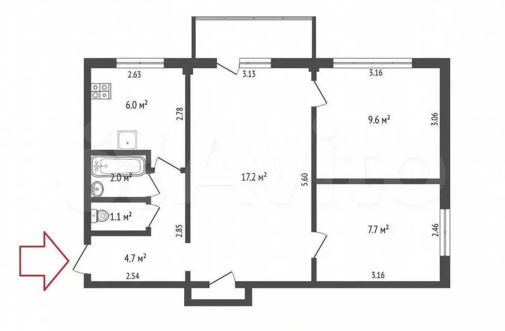 3-к. квартира, 52 м, 4/5 эт. - Фото 0