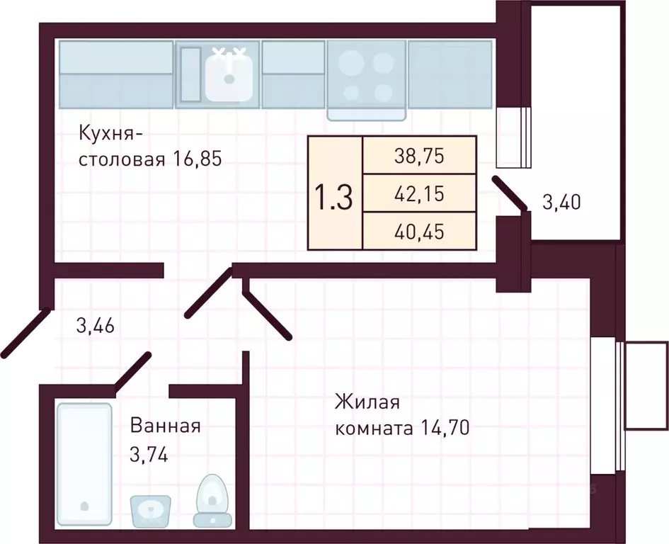 1-к кв. Чувашия, Новочебоксарск Советская ул., поз1 (40.45 м) - Фото 1
