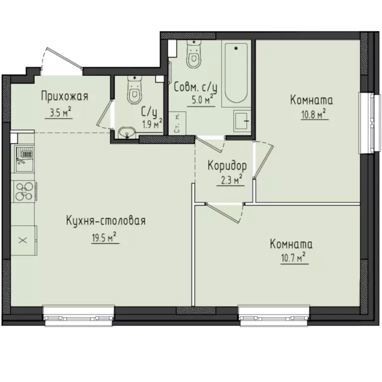 2-к квартира, 54 м - Фото 0