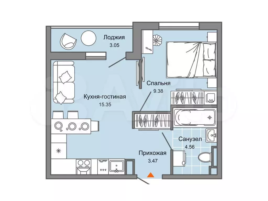 1-к. квартира, 34 м, 1/9 эт. - Фото 0
