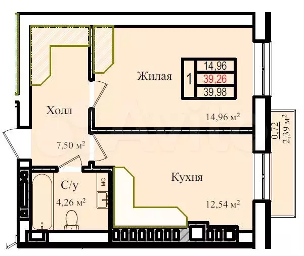 1-к. квартира, 40 м, 6/9 эт. - Фото 1