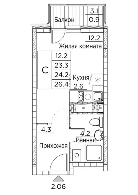 Студия Приморский край, Владивосток ул. Расула Гамзатова, 7к2 (26.4 м) - Фото 0