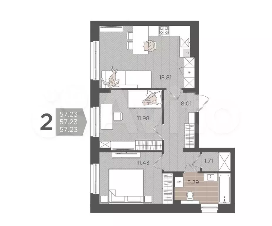 2-к. квартира, 57,2 м, 1/9 эт. - Фото 1