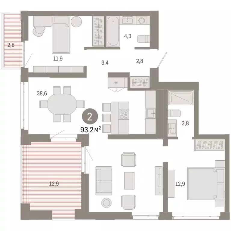 2-комнатная квартира: Тюмень, улица Республики, 205к3 (93.18 м) - Фото 2