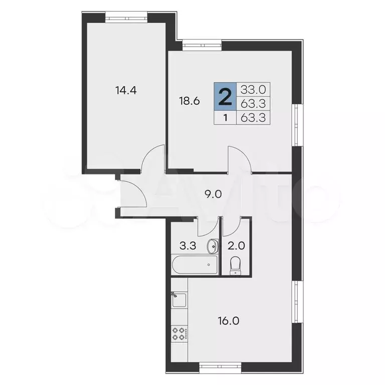 2-к. квартира, 63,3 м, 1/9 эт. - Фото 0