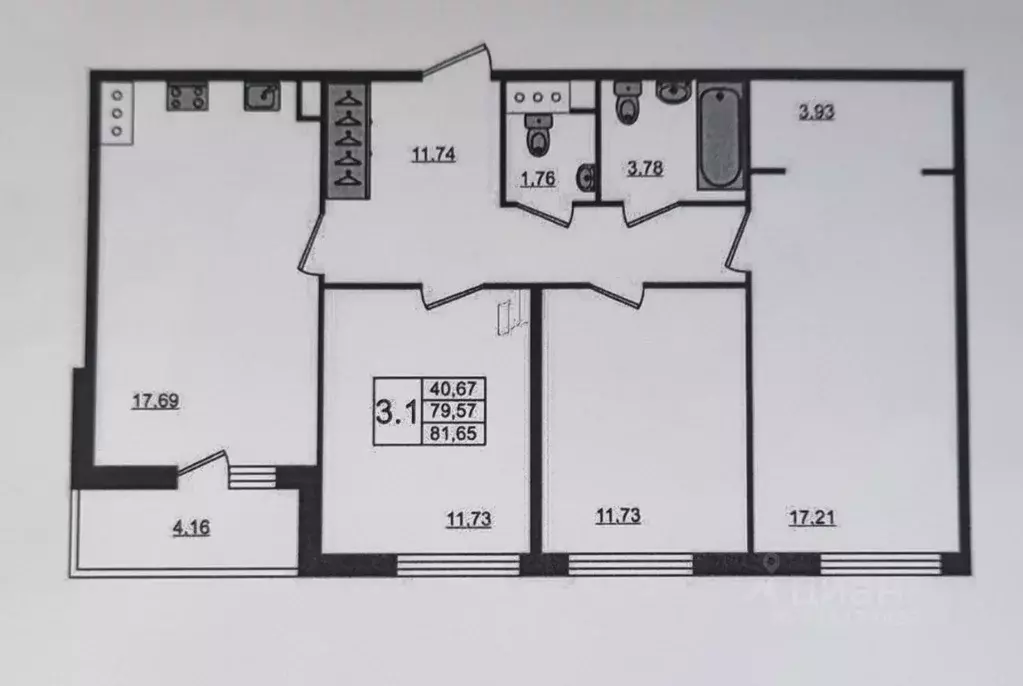 3-к кв. Санкт-Петербург ул. Бабушкина, 53 (77.7 м) - Фото 1