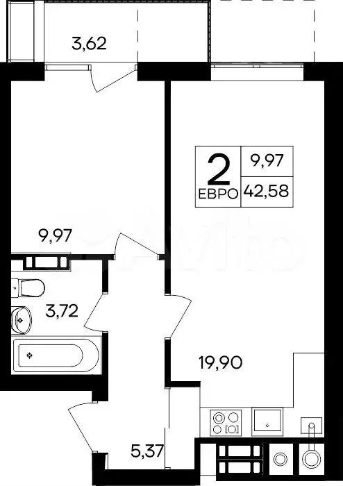 1-к. квартира, 42,6 м, 5/8 эт. - Фото 0