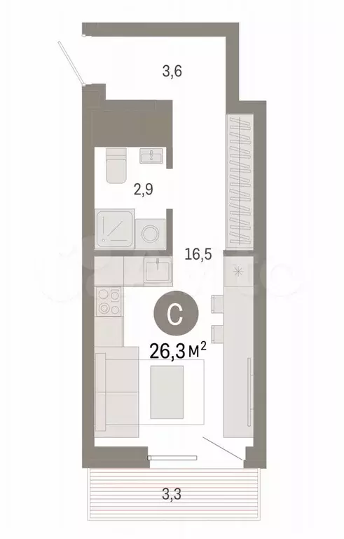 Квартира-студия, 26,3 м, 4/8 эт. - Фото 0