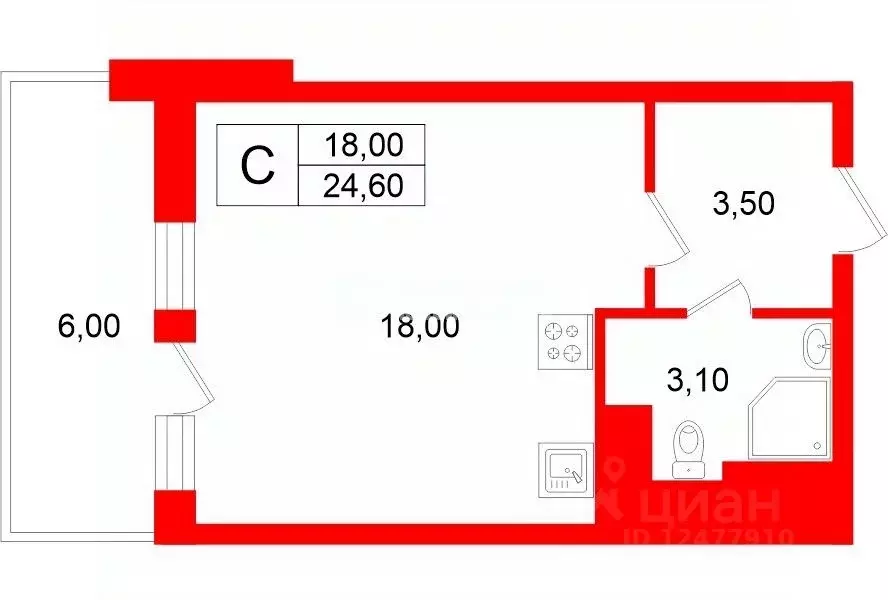 Студия Санкт-Петербург ул. Верхне-Каменская, 9к1 (24.6 м) - Фото 2