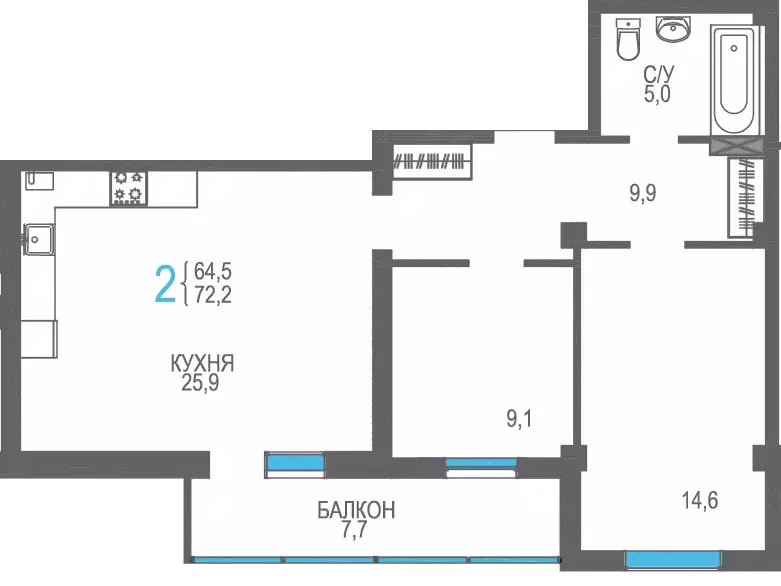 Продаётся 2-к квартира, 72.2 м - Фото 0