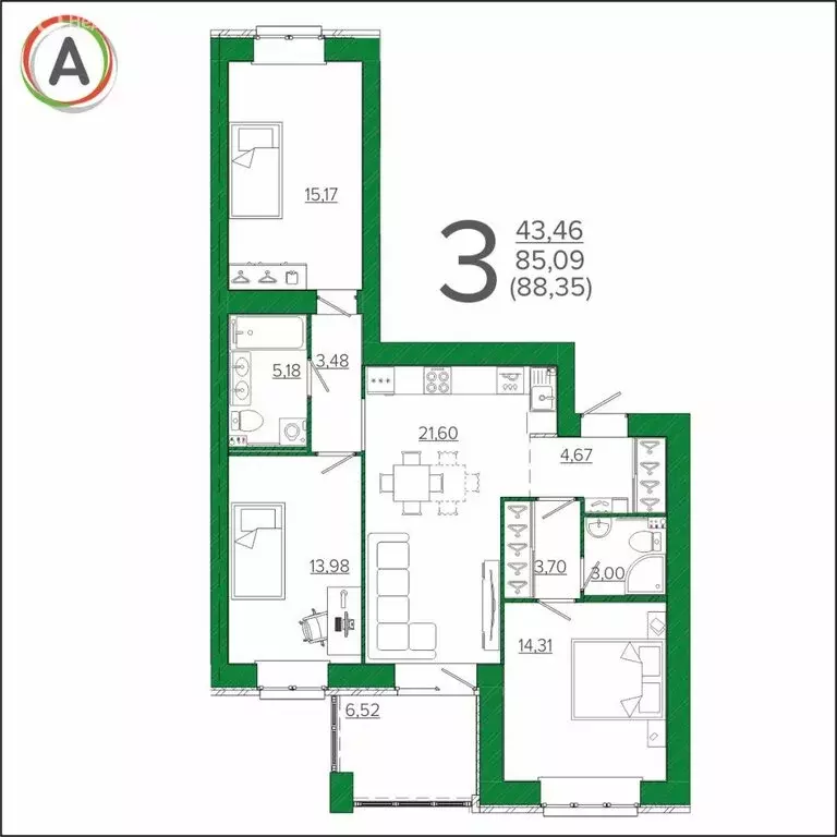 3-комнатная квартира: Брянск, улица имени О.С. Визнюка, 12 (88.35 м) - Фото 0