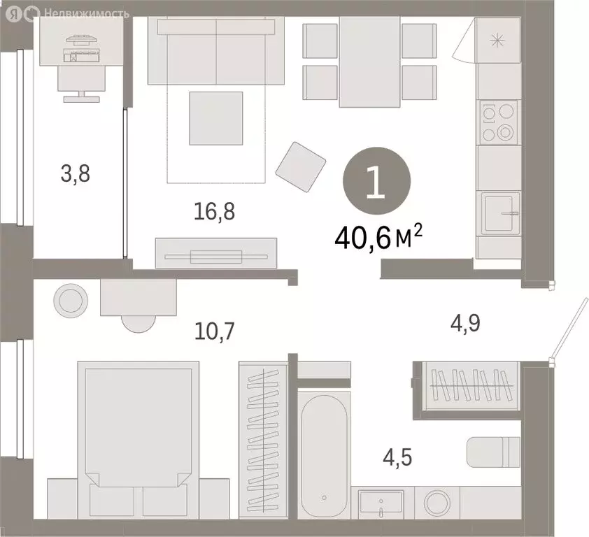 1-комнатная квартира: Тюмень, жилой комплекс Республики 205 (40.56 м) - Фото 2