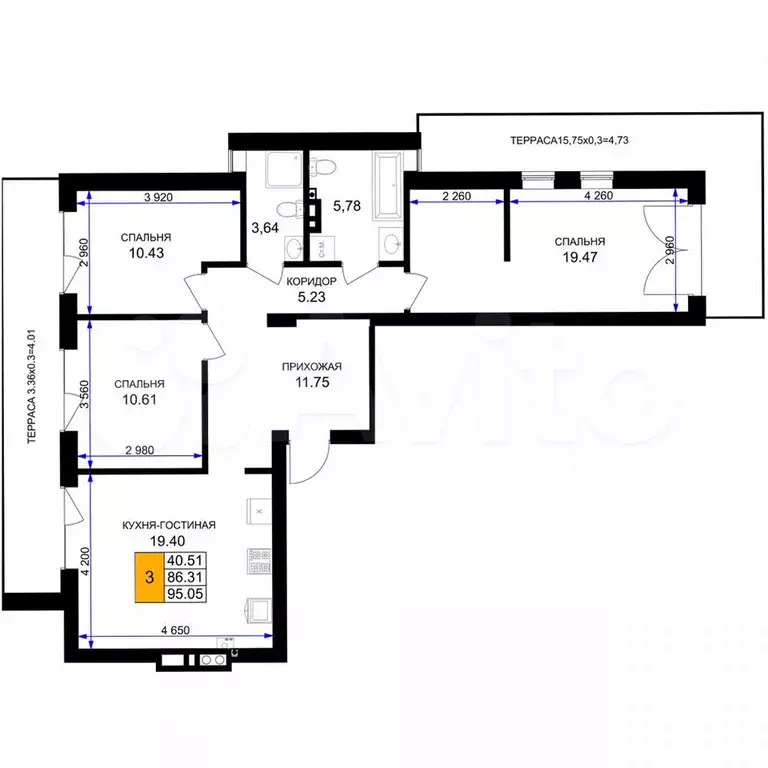 3-к. квартира, 95,1 м, 1/7 эт. - Фото 1