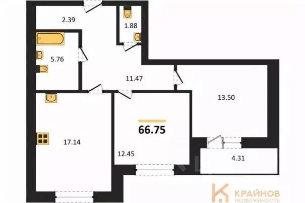 2-к кв. Воронежская область, Воронеж ул. Кривошеина, 13/14 (66.75 м) - Фото 0