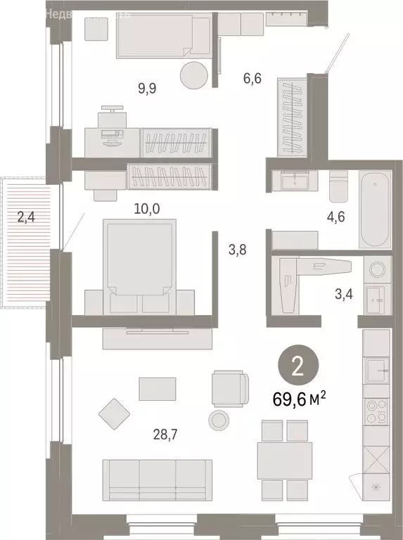 2-комнатная квартира: Тюмень, Мысовская улица, 26к2 (69.55 м) - Фото 1