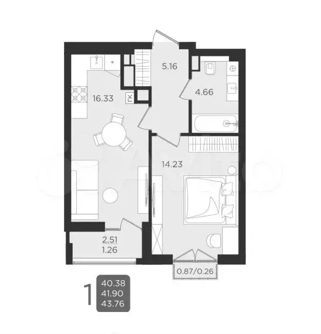1-к. квартира, 43,8 м, 9/9 эт. - Фото 1
