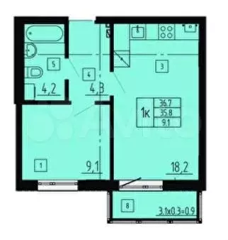 1-к. квартира, 36,7 м, 5/8 эт. - Фото 1