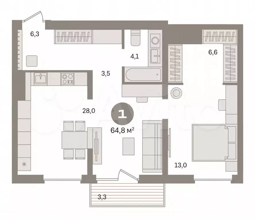 2-к. квартира, 64,8 м, 6/8 эт. - Фото 0