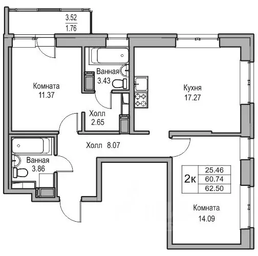 2-к кв. Санкт-Петербург ул. Ивинская, 1к1 (60.74 м) - Фото 0