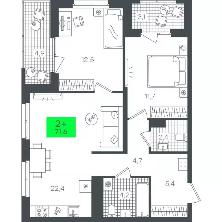 2-к кв. Тюменская область, Тюмень ул. Василия Малкова, 19 (71.64 м) - Фото 0