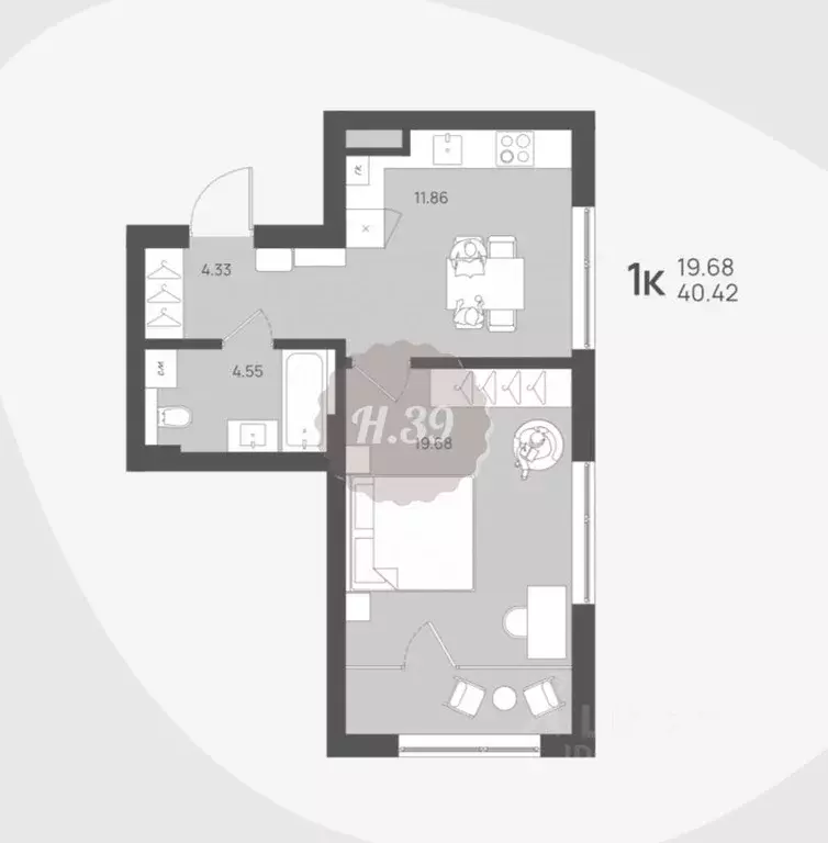 1-к кв. Калининградская область, Янтарный пгт  (40.42 м) - Фото 2