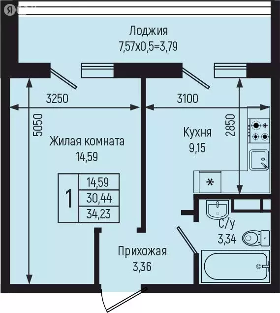 1-комнатная квартира: село Небуг, квартал Спортивный (34.23 м) - Фото 0