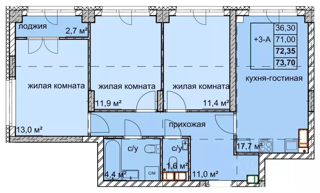 3-к кв. Нижегородская область, Нижний Новгород ул. Дружаева, 30 (72.35 ... - Фото 0