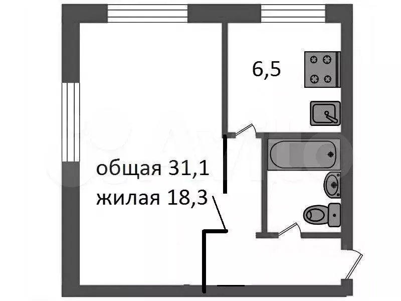 1-к. квартира, 31,2 м, 1/5 эт. - Фото 0