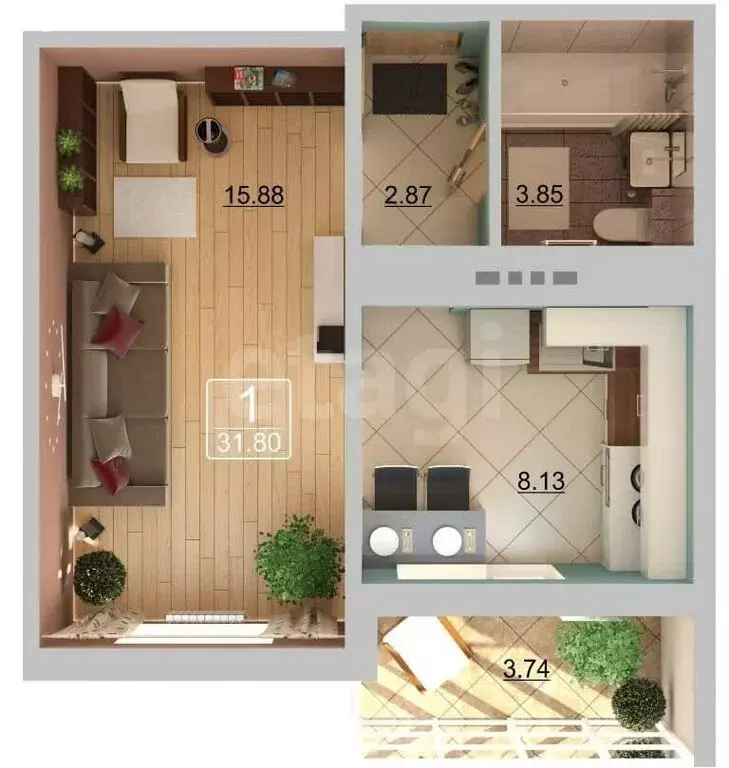 1-комнатная квартира: Казань, улица Александра Курынова, 11к2 (33 м) - Фото 1